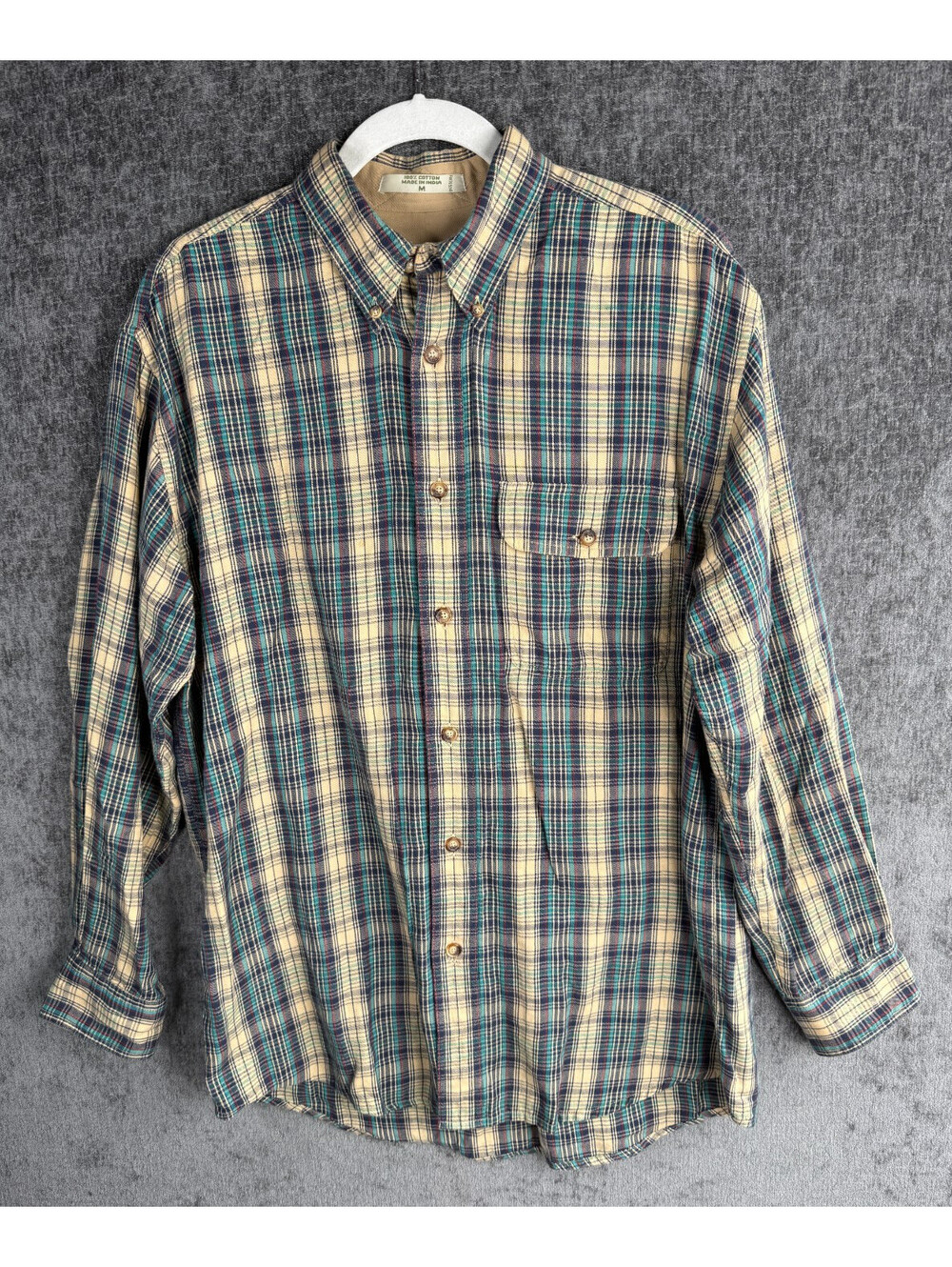 Orvis Mens Plaid Long Sleeve Button Down Shirt Medium Tan Green Cotton